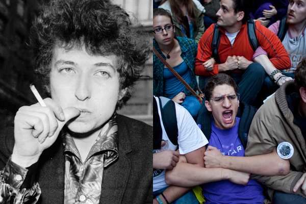 Bob Dylan in 1965. Right: OWS protestors in New York (AP)
