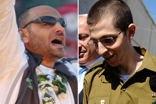 Freed prisoners Palestinian Khalil Abu Alba, left, and Israeli Gilad Schalit. (AP)