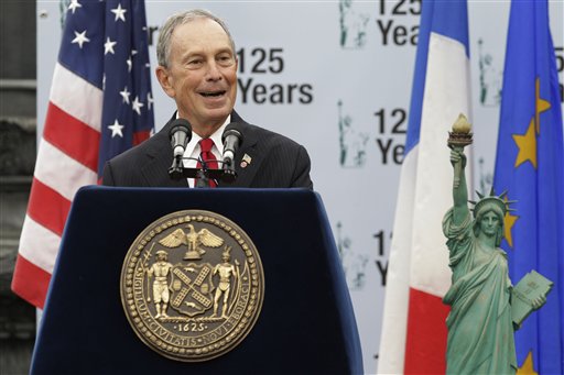 New York Mayor Michael Bloomberg addresses the crowd during a visit to Liberty Island in anticipation of the 125th Anniversary of the Statue of Liberty, in September. (AP/Julio Cortez)