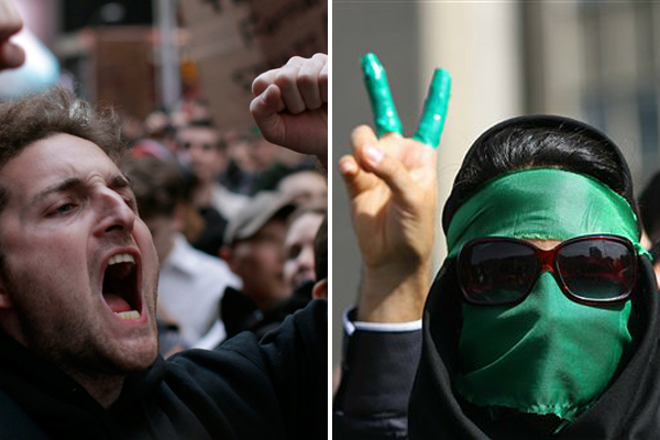Occupy Wall Street protesters shout slogans during a protest at Times Square in New York. Right: Supporters of opposition leader Mir Hossein Mousavi, as they listen to his speech at a demonstration in Tehran on Thursday June, 18, 2009. (Reuters/AP)