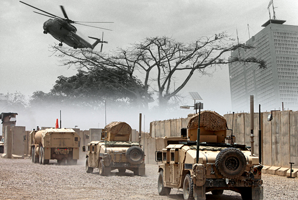 A U.S. Marine helicopter lifts off from the rooftop of the U.S. Embassy during the evacuation of Saigon on April 30, 1975. Bottom: US Army vehicles leave their base after a handover ceremony in May  2010. (AP)