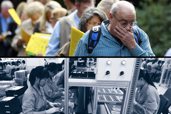 Employees of Pantech work at an assembly line in Gimpo, northwest of Seoul, April 28, 2011. Top: Jay Kober, 60, of Portland, who has been unemployed for 10 months, waits in line with others during the 2011 Maximum Connections Job and Career Fair in Portland, Ore. (Reuters/AP)