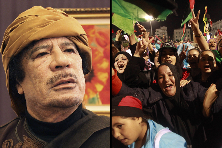 Left: Muammar Gaddafi. Right: Libyans celebrate his death. (Reuters)