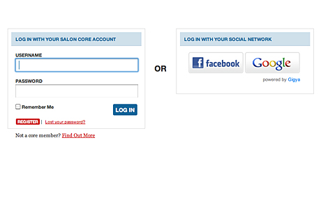 Salon's new login screen