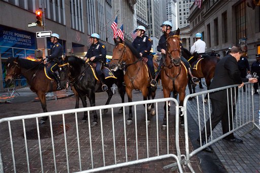 Mounted police officers near Zuccotti Park in lower Manhattan. (AP)