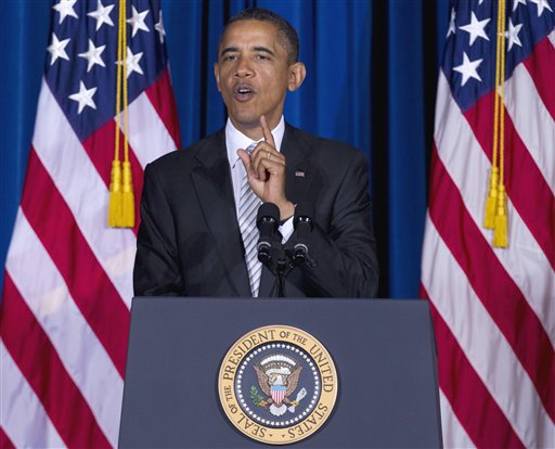 President Barack Obama gestures while speaking at the White House Forum on American Latino Heritage, Wednesday, Oct. 12, 2011, at the Interior Department in Washington. (AP/Carolyn Kaster)
