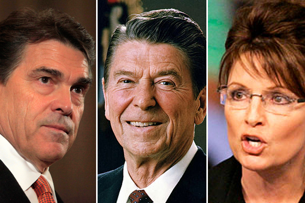 Rick Perry, Ronald Reagan and Sarah Palin (AP/Wikipedia)