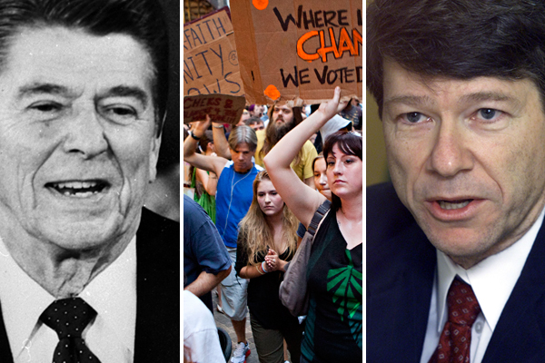 Former president Ronald Reagan, left. Center: Protesters affiliated with the "Occupy Wall Street" protests march through the Financial District in New York. Right: Jeffrey Sachs (AP)