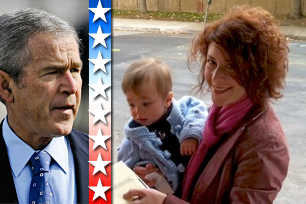 Left: George W. Bush. Right: The author's wife holds their son as she mails her ballot for the election. (AP/Courtesy of the author)