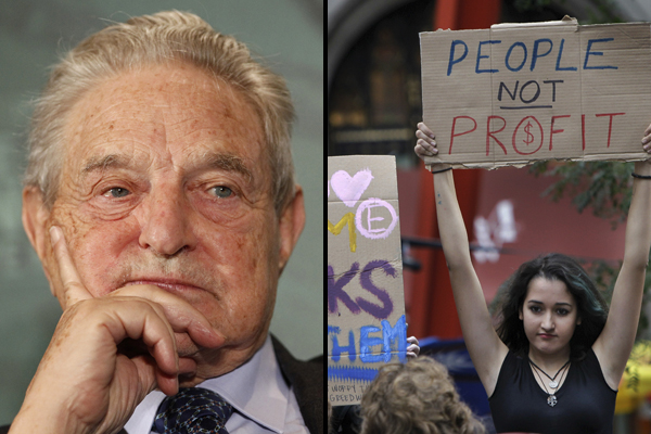 George Soros, left. Right: A young woman holds up a sign as passersby take in the scene at the Occupy Wall Street headquarters at Zuccotti Park in New York, Tuesday, Oct. 11, 2011. (AP/Stefan Wermuth, Reuters)