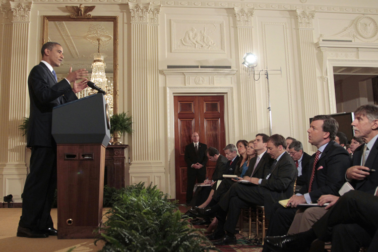 President Barack Obama gestures during his news conference in the East Room of the White House in Washington, Thursday, Oct. 6, 2011. (AP Photo/Pablo Martinez Monsivais) (AP)