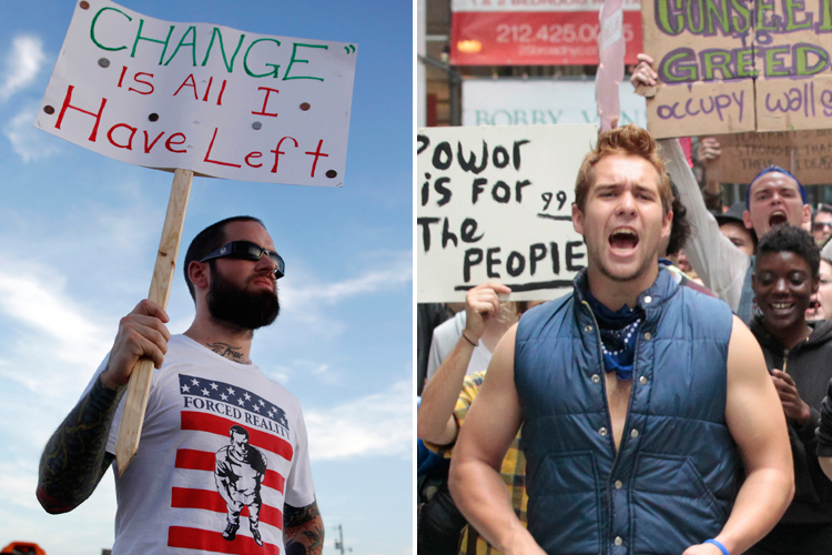 Left: A protester at America's Tea Party in Parker, Texas; Right: Protesters at the Occupy Wall Street campaign in New York (Rebecca Cook/Brendan McDermid/Reuters)