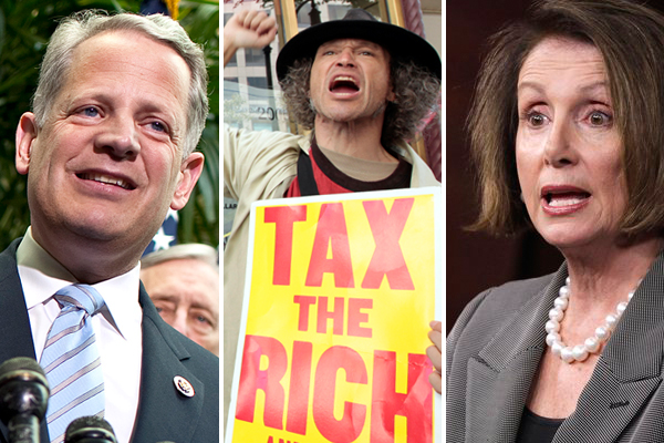 Rep. Steve Israel,  left. Center: A man shouts slogans during a protest march, October 6, 2011. Right: Rep. Nancy Pelosi (AP/Reuters)