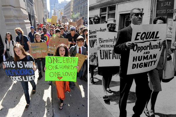 Protesters with Occupy Wall Street march from Zuccotti Park to Washington Square Park in New York, Oct. 8, 2011. Right: Al Hibbler, right, blind black singer, leads a line of sign carrying demonstrators in downtown Birmingham, AL, April 10, 1963. (AP)