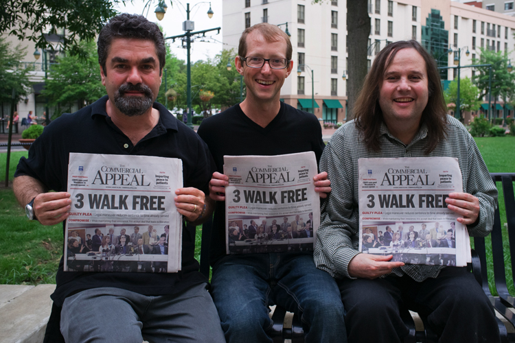 Left to right, filmmaker Joe Berlinger, West Memphis Three member Jason Baldwin and filmmaker Bruce Sinofsky. (HBO)