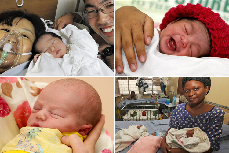 Babies born on October 31st, 2010 in (top left, clockwise) Japan, the Philippines, Nigeria and Russia. (AP/Reuters)