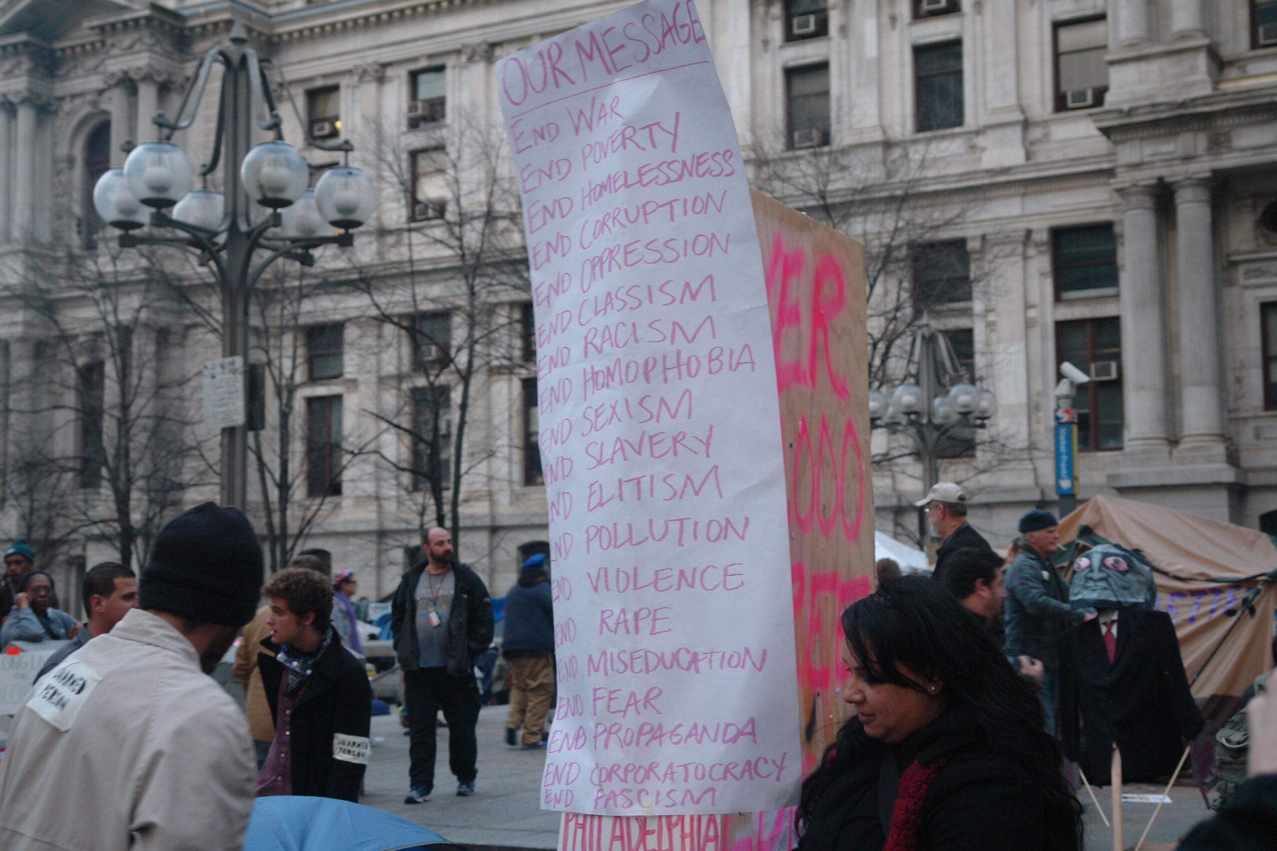 The demands of Occupy Philly as posted in Dilworth Plaza outside City Hall.
