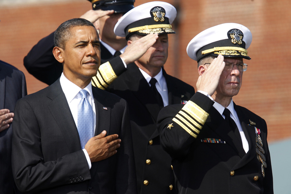 President Obama and outgoing Chairman of the Joint Chiefs of Staff Admiral Mike Mullen in September 2011. (Kevin Lamarque / Reuters)
