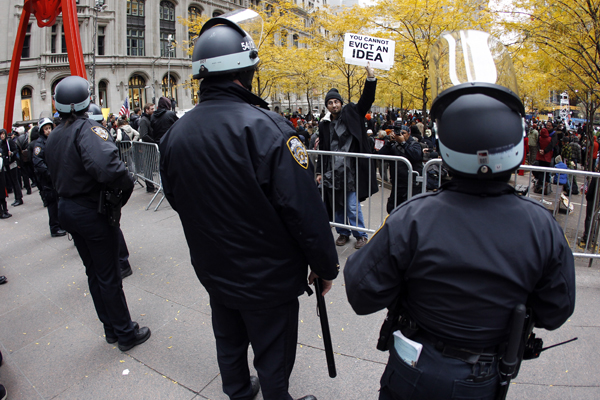 New York City Police stand outside Zuccotti Park during Occupy Wall Street demonstrations in lower Manhattan. (Mike Segar / Reuters)