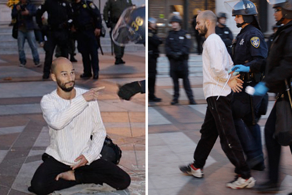 Police arrested Pancho Ramos Stierle as he was meditating at the Occupy Oakland encampment on Monday, Nov. 14, 2011. (Ap/Paul Sakuma)