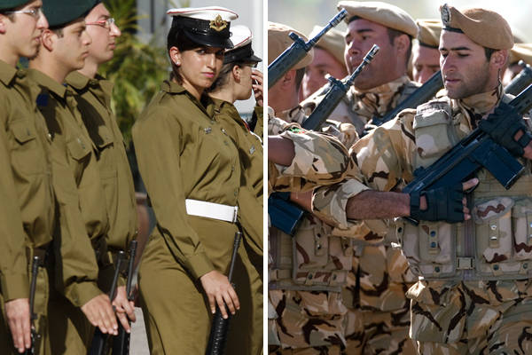 Israeli army, left. Right: Iranian forces (Reuters)