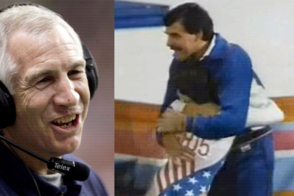 Jerry Sandusky, left. Right: Mary Lou Retton and Don Peters (AP/YouTube)