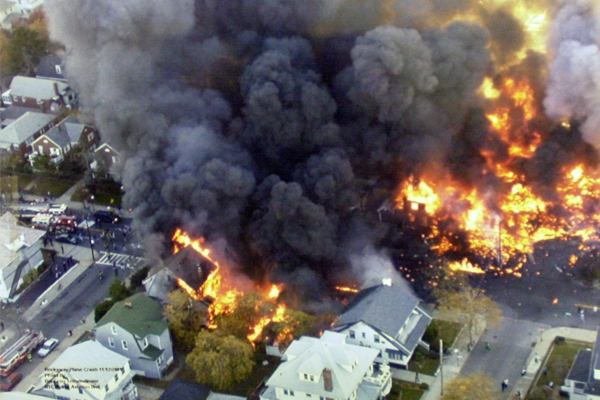 New York's Belle Harbor neighborhood, after the crash of American Airlines Flight 587 on Nov. 12, 2001. (AP/New York Police Department)