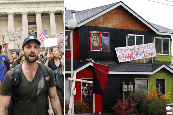 Occupy protesters (left) and a formerly boarded-up duplex taken over by protesters in Seattle's Central District this month. (AP/Louis Lanzano/Elaine Thompson)