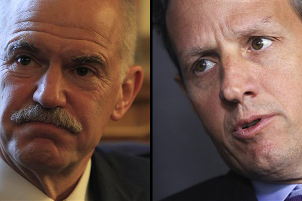 Left: Greek Prime Minister George Papandreou; Right: Tim Geithner (AP)