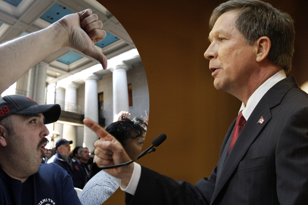 Union supporters react to a speech by Gov. John Kasich (right) (Reuters/AP)