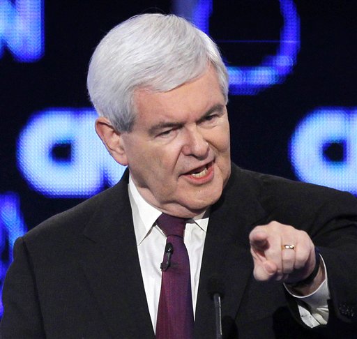 FILE - In this Oct. 18, 2011 file photo, Republican presidential candidate, former House Speaker Newt Gingrich, makes a point during a Republican presidential debate in Las Vegas. (AP Photo/Chris Carlson, File) (AP)