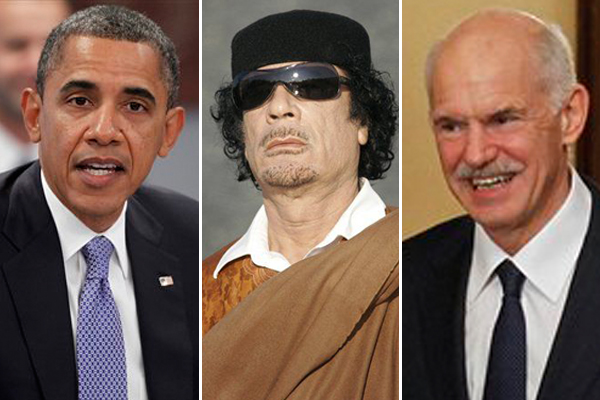 Barack Obama, Moammar Gadhafi and George Papandreou (AP)