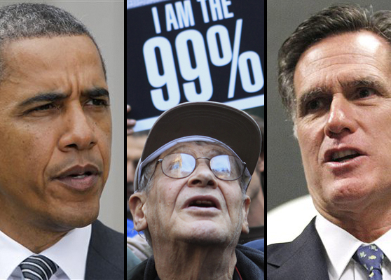 President Barack Obama and Mitt Romney (right). Center: A protester in Zuccotti Park. (AP/Reuters)