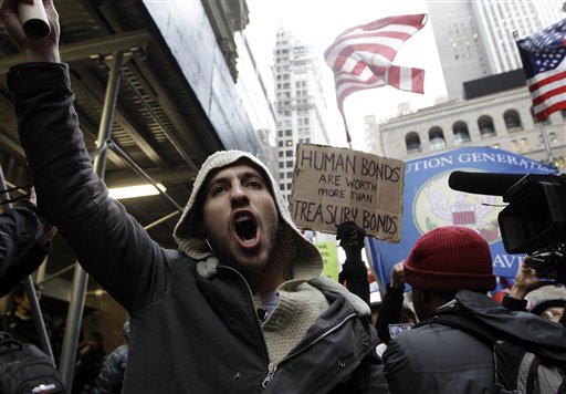 Demonstrators affiliated with the Occupy Wall Street movement march through the streets of the financial district, Thursday, Nov. 17, 2011 in New York. (AP Photo/Mary Altaffer)