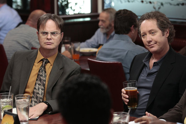 THE OFFICE -- "The List" Episode 802 -- Pictured: (l-r) Rainn Wilson as Dwight Schrute, James Spader as Robert California -- Photo by: Chris Haston/NBC (Chris Haston)