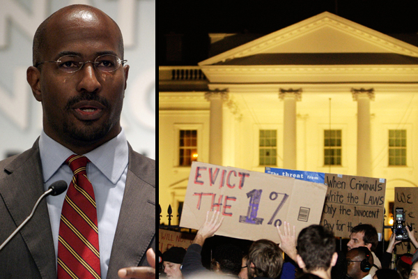Left: Van Jones. Right: Occupy D.C. protesters march in front of the White House Nov. 15, 2011. (<span about='http://www.flickr.com/photos/americanprogressaction/3819895883/' xmlns:cc='http://creativecommons.org/ns#'><a href='http://www.flickr.com/photos/americanprogressaction/3819895883/' rel='cc:attributionURL' target='_blank'>Center for American Progress Action Fund</a> / <a href='http://creativecommons.org/licenses/by/3.0/' rel='license' target='_blank'>CC BY 3.0</a></span>/Reuters/Hyungwon Kang)