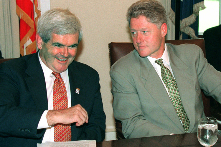 President Clinton listens to House Speaker Newt Gingrich of Ga. during a meeting in the White House Cabinet Room Tuesday, Sept. 12, 1995 (AP/Wilfredo Lee)