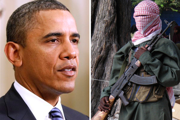 President Barack Obama. Right: A Somali al-Shabab fighter stands guard (AP/Reuters)