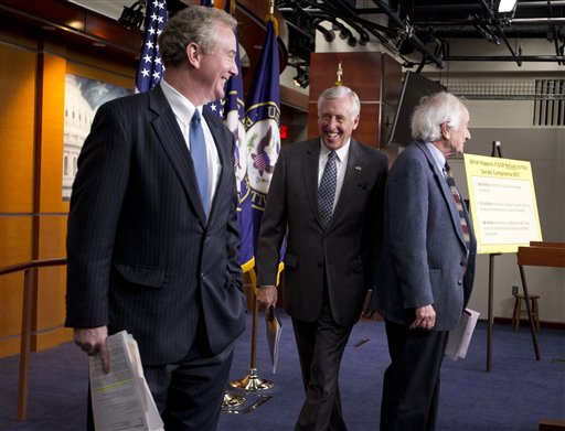 House Minority Whip Rep. Steny Hoyer, D-Md., center, Rep. Chris Van Hollen, D-Md., left, and Rep. Carl Levin, D-Mich., leave a news conference on the payroll tax cut on Capitol Hill on Thursday, Dec. 22, 2011 in Washington. (AP/Evan Vucci)