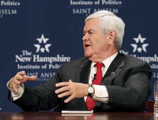 FILE - In this Dec. 12, 2011 file photo, Republican presidential candidate former House Speaker Newt Gingrich gestures during debate in Manchester, N.H. Gingrich is pledging to stay relentlessly positive in his quest for the White House. Except when he's not. (AP Photo/Elise Amendola, File) (AP)