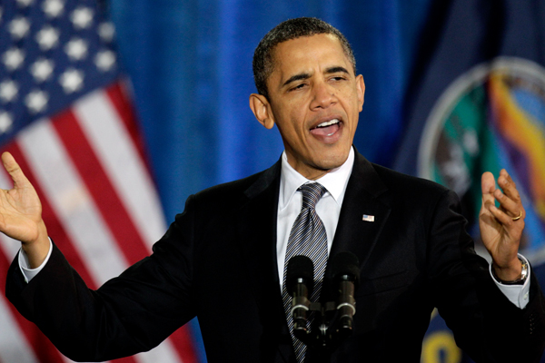 President Obama speaking in Osawatomie, Kansas, on Tuesday. (AP/Charlie Riedel)