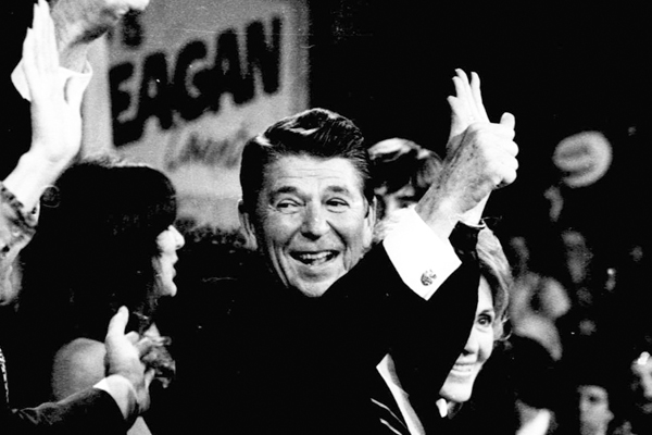 Ronald Reagan gives the thumbs-up sign as he leaves the podium after addressing supporters at his Los Angeles election headquarters on Nov. 5, 1980. (AP)