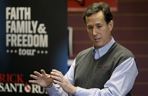 Republican presidential candidate, former Pennsylvania Sen. Rick Santorum speaks during a town hall meeting at the Fort Dodge GOP Headquarters, Tuesday, Dec. 27, 2011, in Fort Dodge, Iowa. (AP Photo/Charlie Neibergall) (AP)