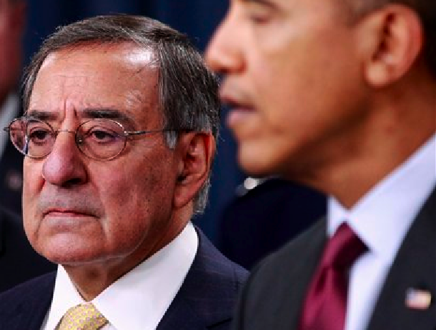 Defense Secretary Leon Panetta listens as President Barack Obama speaks on the Defense Strategic Review, Thursday, Jan. 5, 2012, at the Pentagon. (AP Photo/Haraz N. Ghanbari)