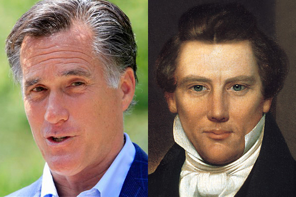 Mitt Romney and Mormon church founder Joseph Smith (AP/<a href="http://en.wikipedia.org/wiki/File:Joseph_Smith,_Jr._portrait_owned_by_Joseph_Smith_III.jpg">Wikipedia</a>)