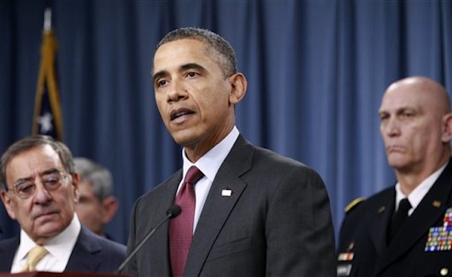 resident Barack Obama delivers speaks on the Defense Strategic Review, Thursday, Jan. 5, 2012, at the Pentagon (AP Photo/Haraz N. Ghanbari)