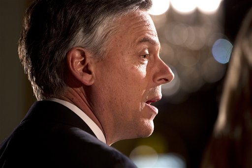 Republican presidential candidate, former Utah Gov. Jon Huntsman speaks at a primary election night rally Tuesday, Jan. 10, 2012, in Manchester, N.H.  (AP Photo/Evan Vucci) (AP)