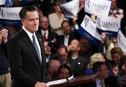 Republican presidential candidate, former Massachusetts Gov. Mitt Romney, celebrates his New Hampshire primary election win in Manchester, N.H., Tuesday, Jan. 10, 2012. (AP Photo/Charles Dharapak) (AP)