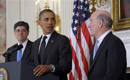 President Barack Obama speaks about the resignation of White House Chief of Staff Bill Daley, right, Monday, Jan. 9, 2012 (AP Photo/Susan Walsh)