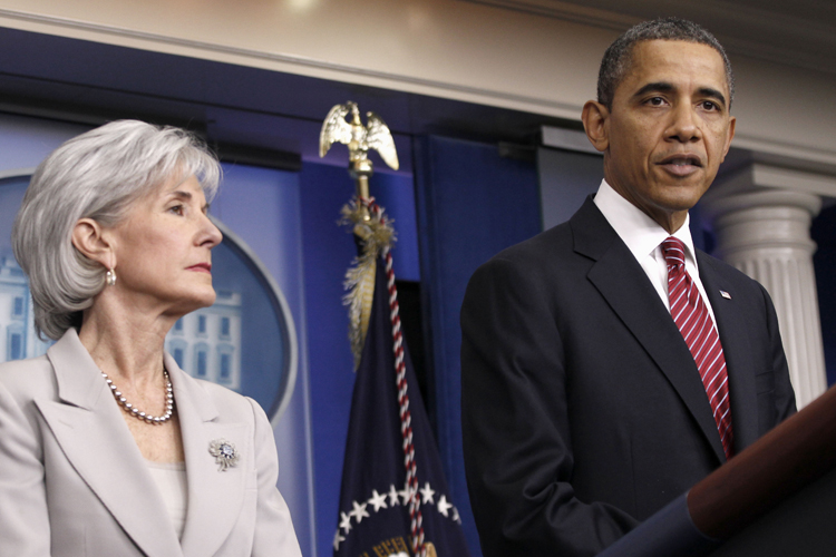 President Barack Obama, accompanied by Health and Human Services Secretary  Kathleen Sebelius, announces the revamp of his contraception policy (AP/Pablo Martinez Monsivais)
